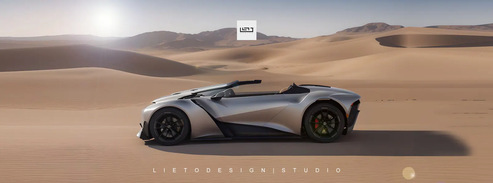 Concept car argentata tra le dune del deserto