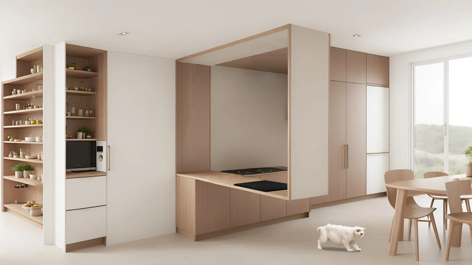 Concept di cucina e zona pranzo in legno chiaro