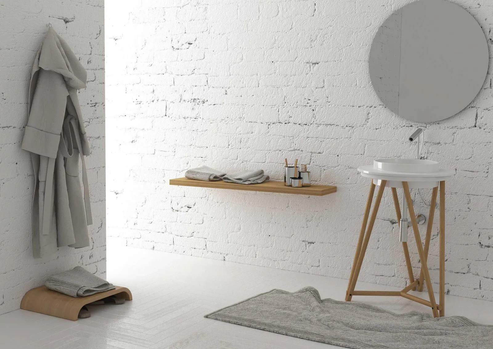 Bagno in mattoni bianchi con mensola in legno e lavabo